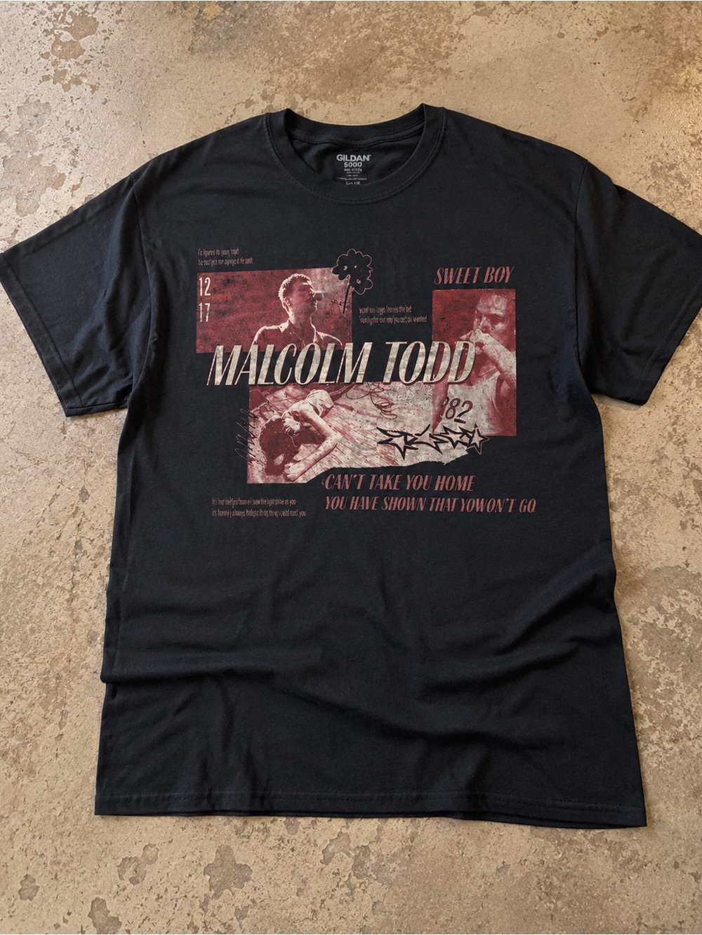 Gildan 5000 Black Malcolm Todd Graphic Tee with Maroon, Y2K, Streetwear Size L